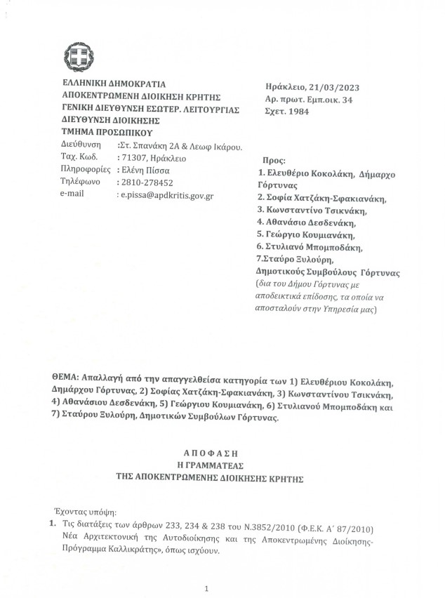 Δήμος Γόρτυνας απαλλακτική απόφαση