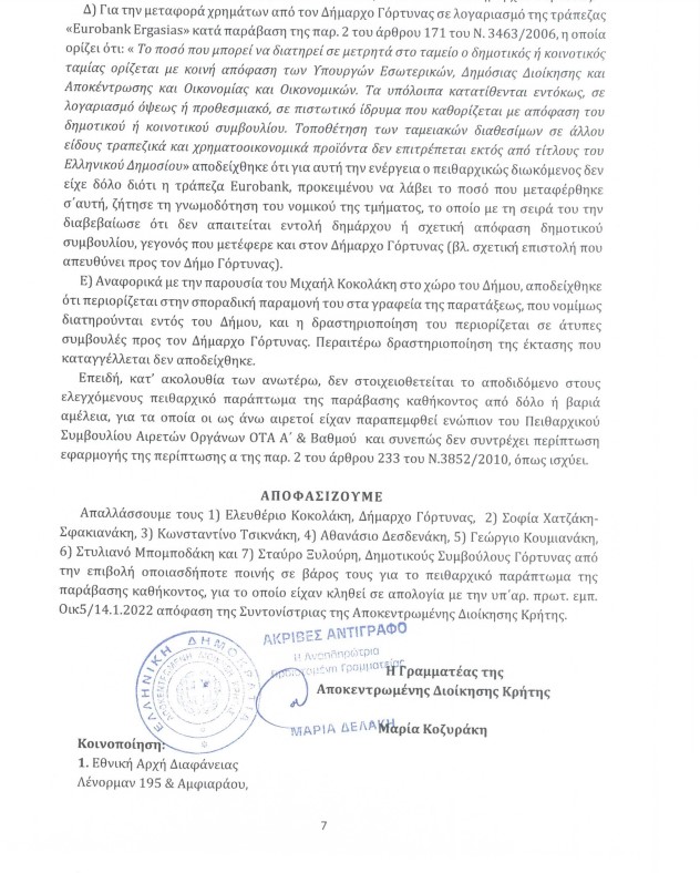 Δήμος Γόρτυνας απαλλακτική απόφαση
