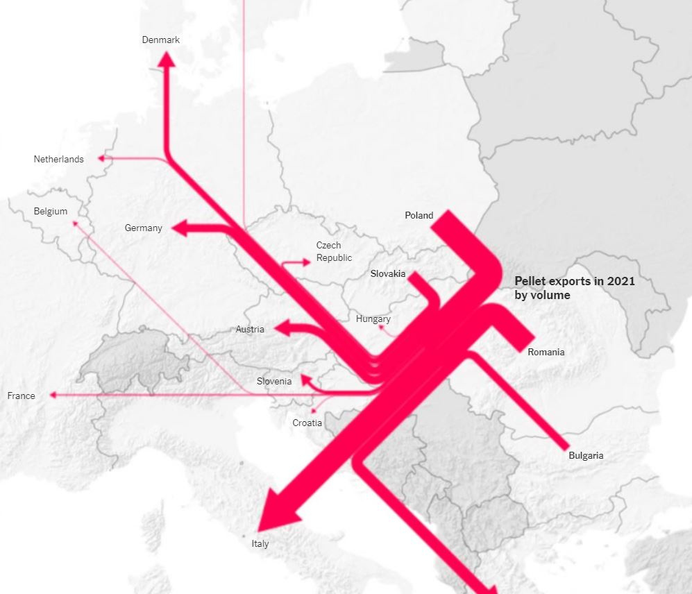 Εξαγωγές πέλλετ στην Ευρώπη το 2021 (Φωτ. New York Times)