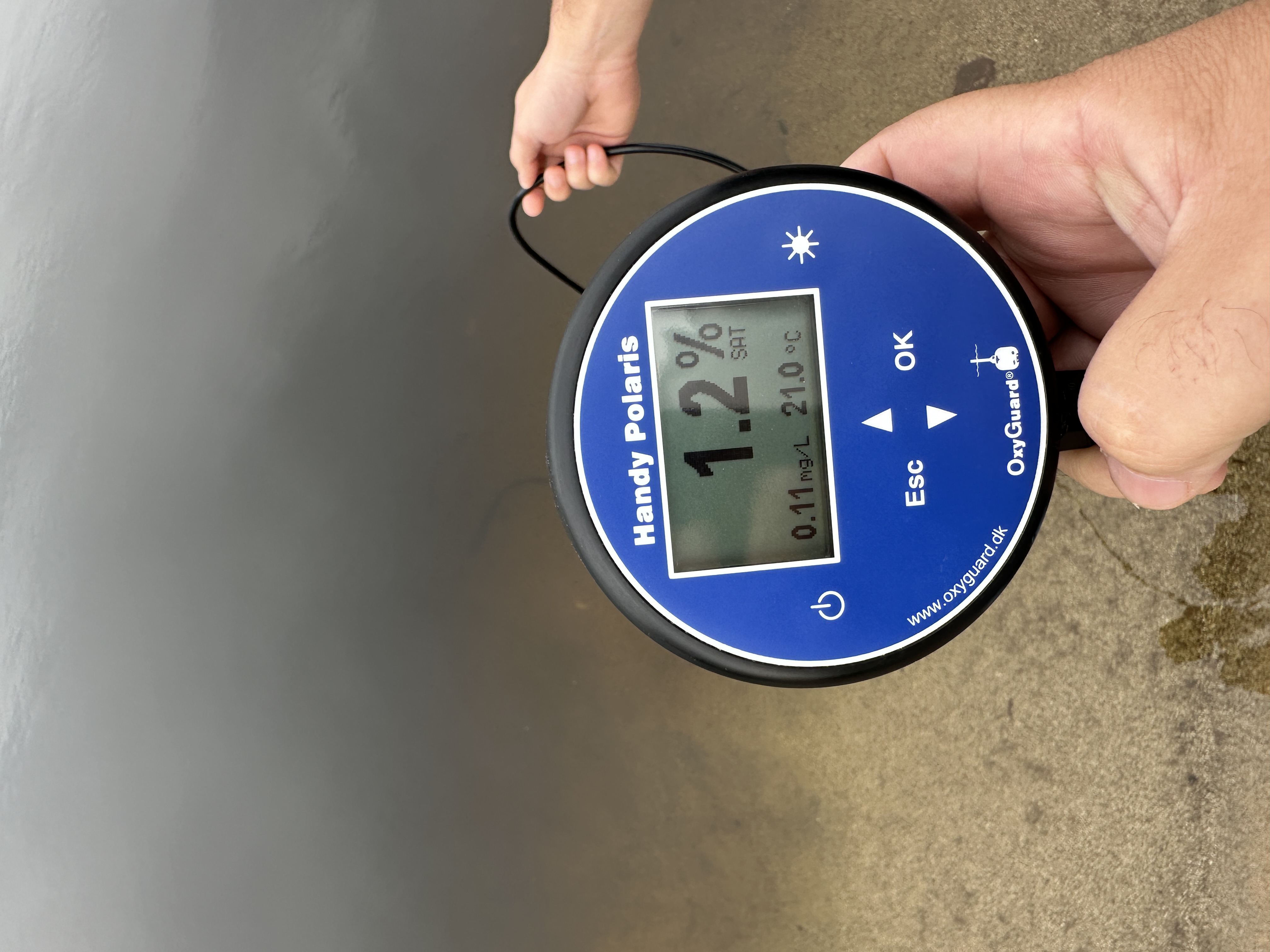 Μέτρηση οξυγόνου με φορητό οξυγονόμετρο που δείχνει ότι το διαλυμένο οξυγόνο στο νερό είναι σε σχεδόν μηδενικό επίπεδο