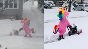 Ο viral μονόκερος που βγήκε να καθαρίσει το δρόμο από τα χιόνια!