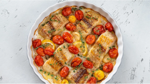 Ψητός μπακαλιάρος με ντοματίνια