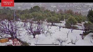 Κακοκαιρία «Avgi»: Το χιονισμένο περιβόλι με τις κερασιές στο Αμάρι