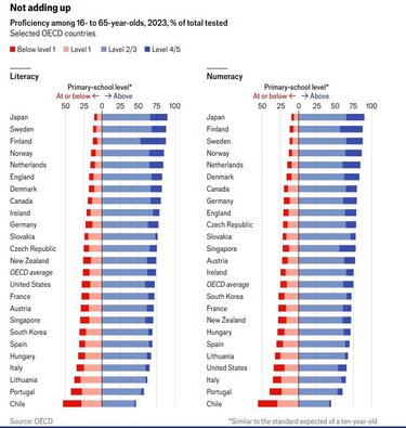 Eπίπεδα εγγραματισμού ενηλίκων – Με κόκκινο όσοι έχουν δεξιότητες παιδιού δημοτικού – πηγή ΟΟΣΑ-Economist