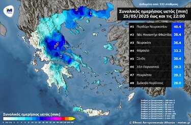 Συνολικός ημερήσιος υετός από τους αυτόματους μετεωρολογικούς σταθμούς του δικτύου του Εθνικού Αστεροσκοπείου Αθηνών - meteo.gr μέχρι και τις 22:00 ώρα Ελλάδας